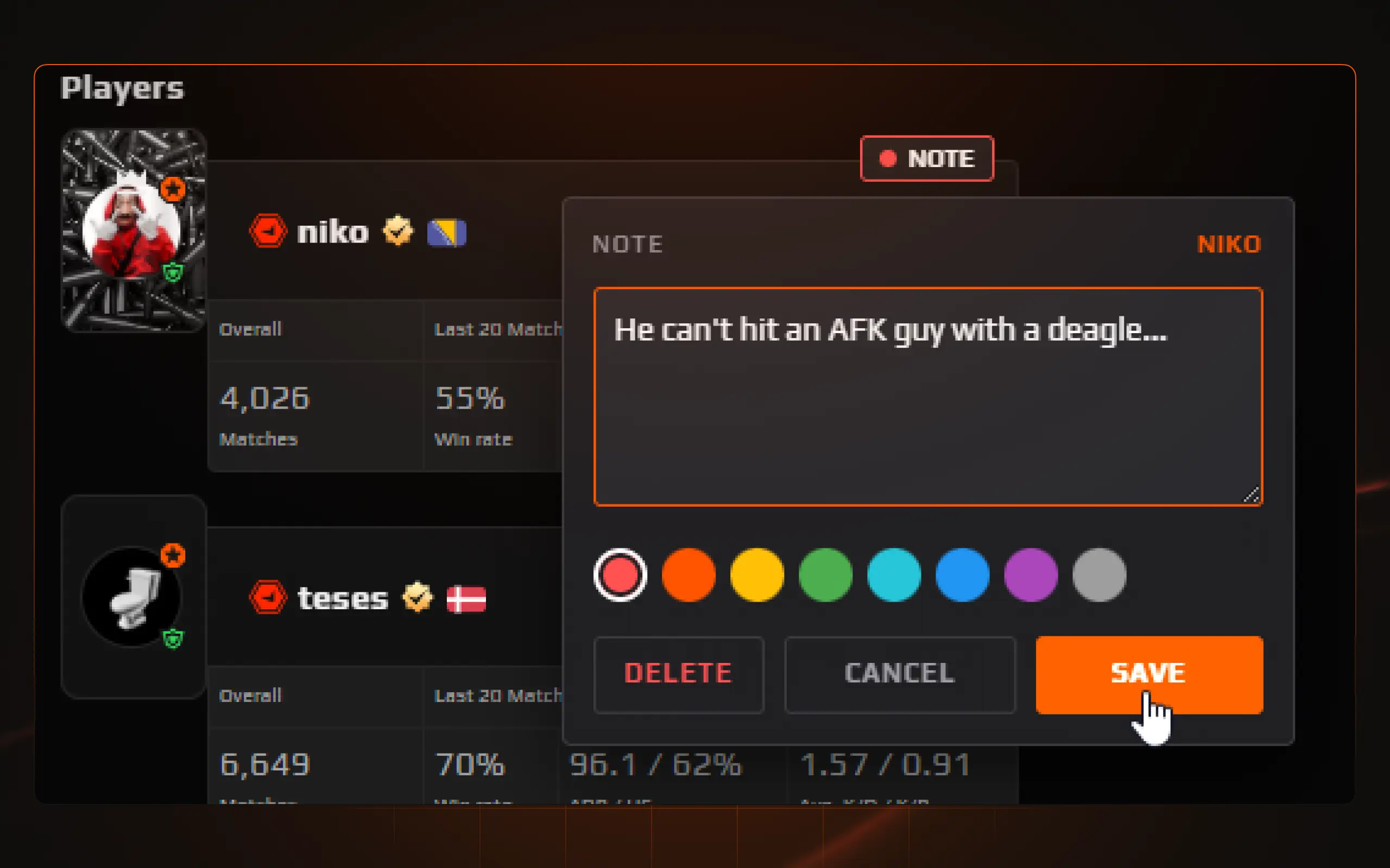 Notes that follow players, not matches.